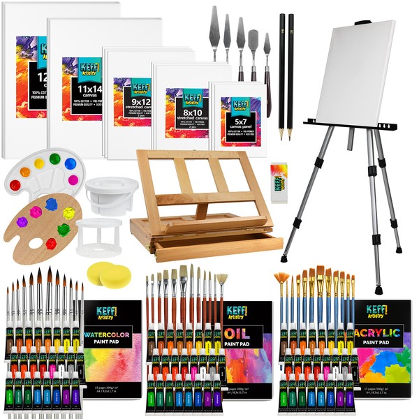 KEFF Large Deluxe Art Painting Supplies Set - 140-Piece Professional Paint Kit for Adults & Kids with Acrylic, Watercolor & Oil Paints, Aluminum Field & Wooden Easel, Canvas & More