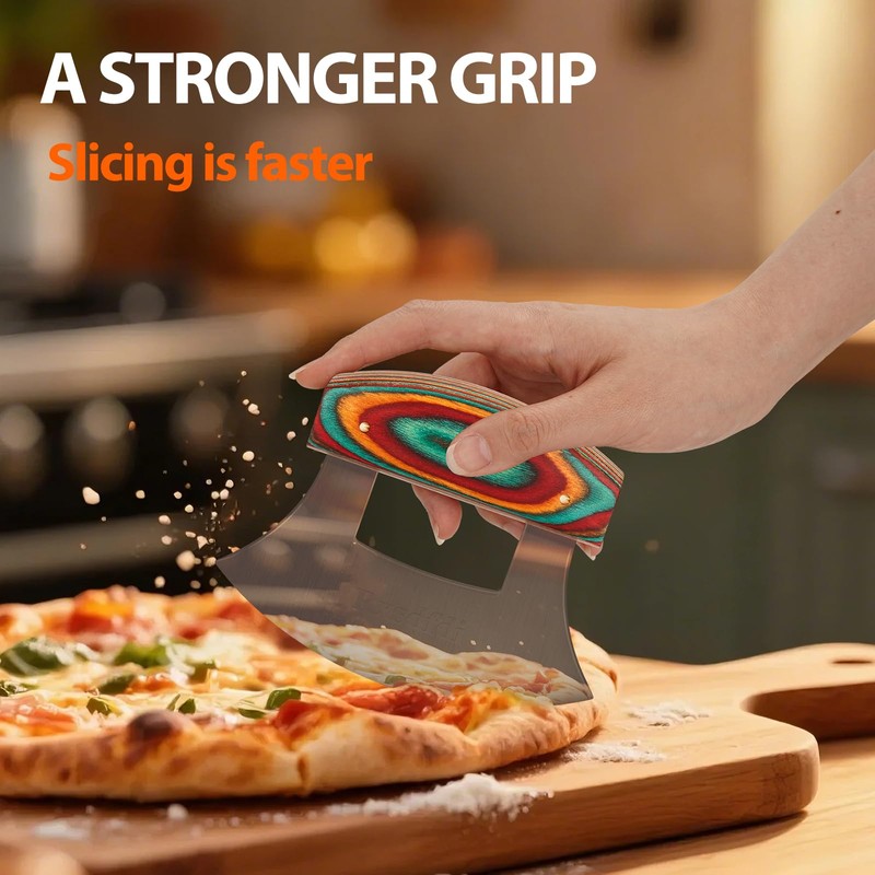 Pizza Cutter Rocker Knife, Sharp Ulu Knife with Wooden handle,