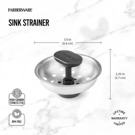 Farberware Professional Kitchen Sink Basket Strainer for Standard Drains to Prevent Clogs, Sleek Matte Finish Stainless Steel Body With Rubber Stopper and Easy Lift Handle