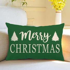 2Pack Merry Christmas Lumbar Pillow Cover Green Christmas Decor Tree Happy Winter Rectangular/Waist Cushion Cover Farmhouse Winter Holiday Decor Pillowcases 12’’×20’ for Home Couch Patio (Green)