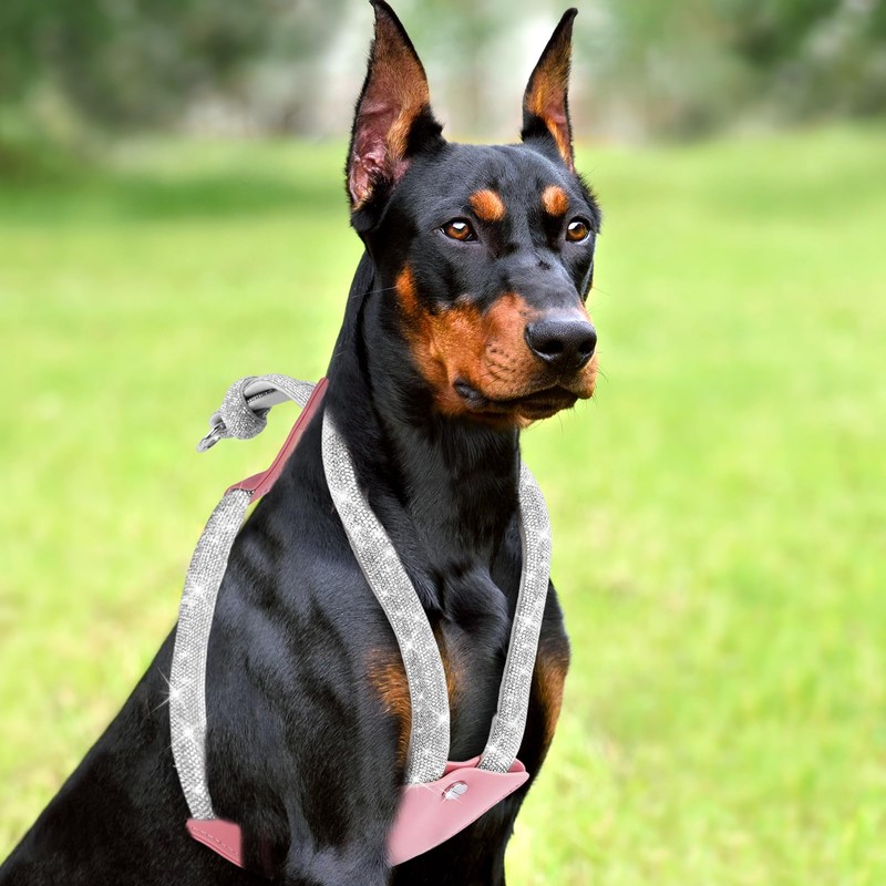 WOOFUU Rhinestone Dog Harness, Pink Leather No Pull Vest with