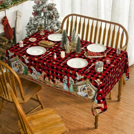 Horaldaily Christmas Tablecloth 60×60 Inch, Holy Nativity Red Buffalo Plaid Washable Table Cover for Party Picnic Dinner Decor