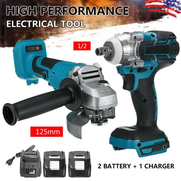 Unbranded 18V Tools Combo Kit 1/2" Impact Wrench+125mm Angle Grinder+2