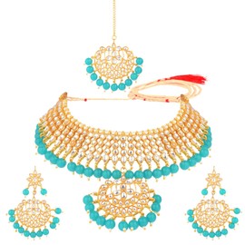 Efulgenz Indian Jewelry Choker Necklace Maang Tikka Earrings Bollywood Wedding Crystal Kundan Necklace Earrings Head Chain Set