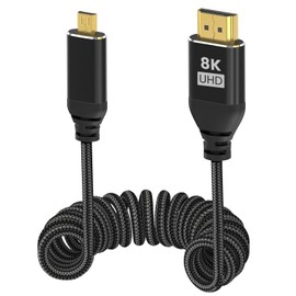 8K Micro HDMI to HDMI 2.1 Cable Coiled 1- 4 FT, 8K@60Hz, 4K@240Hz, HDR, 48Gbps Ultra High Speed Type D to Type A HDMI Braided Cord for Cameras, DSLRs, Camcorders, Portable Screens and Monitors