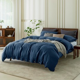 EVERLY100% Pure Linen Duvet Cover Set Queen Size90X90Inch 3pcs (1 Duvet Cover,2 Pillowcases) Soft and Breathable for All Season with Coconut Button Closure, Suitable for Hot Sleepers-Navy Blue