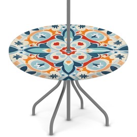 Round Garden Table Cloth With Parasol Hole, Damask Mandala Outdoor Circular Fitted Tablecloth with Umbrella Hole Waterproof Elastic Edged Table Cover for Party Picnic, Fit for 45"-56" Round Tables