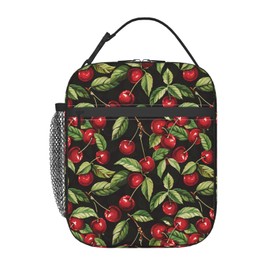 ainori - Lonchera reutilizable de cereza para mujeres adultas, bolsa de almuerzo de hojas lindas, bolsa de poliéster para picnic, trabajo, viajes, playa o senderismo, forro resistente al agua (negro)