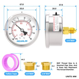 MEANLIN MEASURE -30inHg~30PSI Glycerin Filled Vacuum Pressure Gauge, Stainless Steel 1/4" BSP 2.5" FACE DIAL Back Mount, with 1/4" x 1/2" BSP and 1/4" x 3/8" BSP Hex Bushing