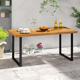 RELAX4LIFE Outdoor Dining Table for 6, 63’’ Rectangular Wooden Patio Table w/Umbrella Hole, Acacia Wood Tabletop & U-Shaped Metal Legs, Farmhouse Indoor Outdoor Use for Kitchen Garden Porch Backyard