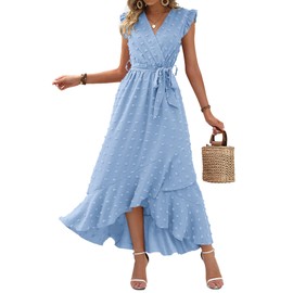 BTFBM Women 2024 Summer V Neck Dress Cap Sleeve Swiss Dot Boho Ruffle Slit Beach Cocktail Party Flowy Long Maxi Dresses(Swiss Dot Sky Blue, Small)