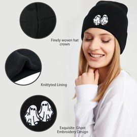 gswirmchsq Ghost Beanie Hat Black, Cute Funny Goth Embroidery Winter Knit Skull Cap for Adult Men Women