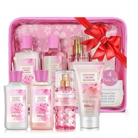 Set de regalo para baño y cuerpo para mujeres y niñas, flor de cerezo japonesa, juego de 4 piezas para gel de ducha, loción corporal, bruma corporal,