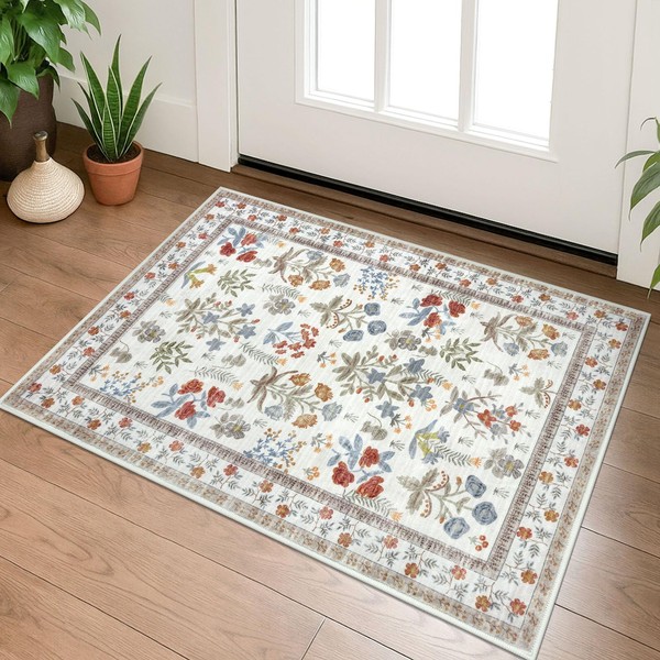 Lansny Boho Entryway Rug 2x3 Washable, Ivory Floral Kitchen Rug,