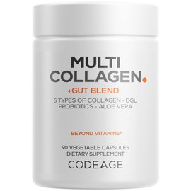 Codeage Multi Collagen + Gut Blend Supplement - Digestive Probiotics, DGL Licorice, Aloe Vera, Organic Peppermint Leaf, Slippery Elm - Hydrolyzed Bovine Collagen Pills - Non-GMO - 90 Capsules