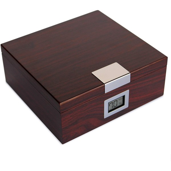 Handcrafted Cherry Finish Cedar Humidor with Front Digital Hygrometer and Humidifier Gel - Holds (25-50 Cigars) by Case Elegance