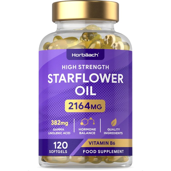 Starflower Oil Capsules 2164mg | Borage Oil Capsules | GLA and Vitamin B6 | 120 Softgels | by Horbaach
