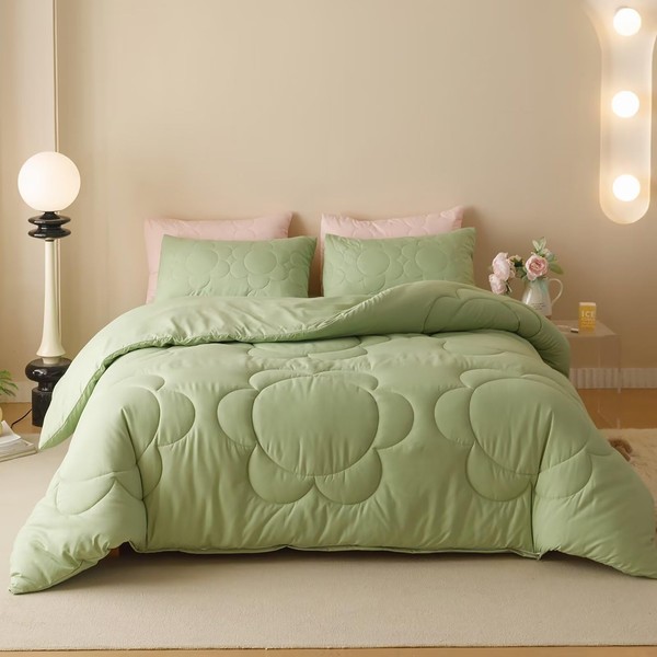 Cottonight Sage Sunflower Comforter Set - Queen Size, Light Green
