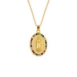 Alilang 18K Gold Plated Crystal Rhinestone Virgin Mary Catholic Necklace - Our Lady of Guadalupe Medal Pendant - Christian Jewelry for Women and Men, Multi Gold