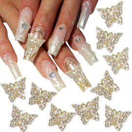 RODAKY 10PCS Gold Butterfly Nail Art Charms 3D Alloy Shiny Crystal Rhinestone Nail Charms for Acrylic Nails Art Supplies Shiny Nail Gems Jewelry Nail Accessories for Women Nail Decoration Design