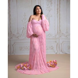 Saslax Soft Stretchy Lace Maternity Dress for Photoshoot Doubly Split A-line Skirt Off Shoulder Pregnancy Maxi Gown Pink Small