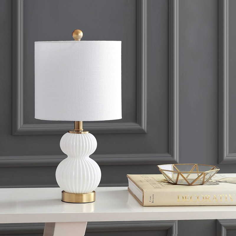 JONATHAN Y 20" White/Brass Gold Ribbed Gourd Glass Table Lamp,