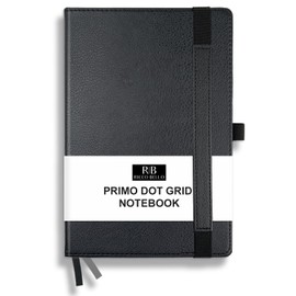 RICCO BELLO Primo Dotted Grid Journal Notebook, Faux Leather, Pen Holder, Numbered Pages, Index, Thick Paper, Ribbon Bookmarks, Expandable Storage Pocket 5.7 x 8.4 Inches (Jet Black)