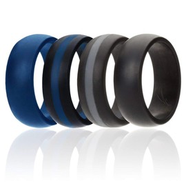 ROQ Silicone Rubber Wedding Ring for Men, Men's Wedding Band, Breathable Rubber Engagement Band, 8mm Wide 2mm Thick, Dome Style Middle Line, Solid Stripes, 4 Pack, Blue, Black, Grey, Size 16