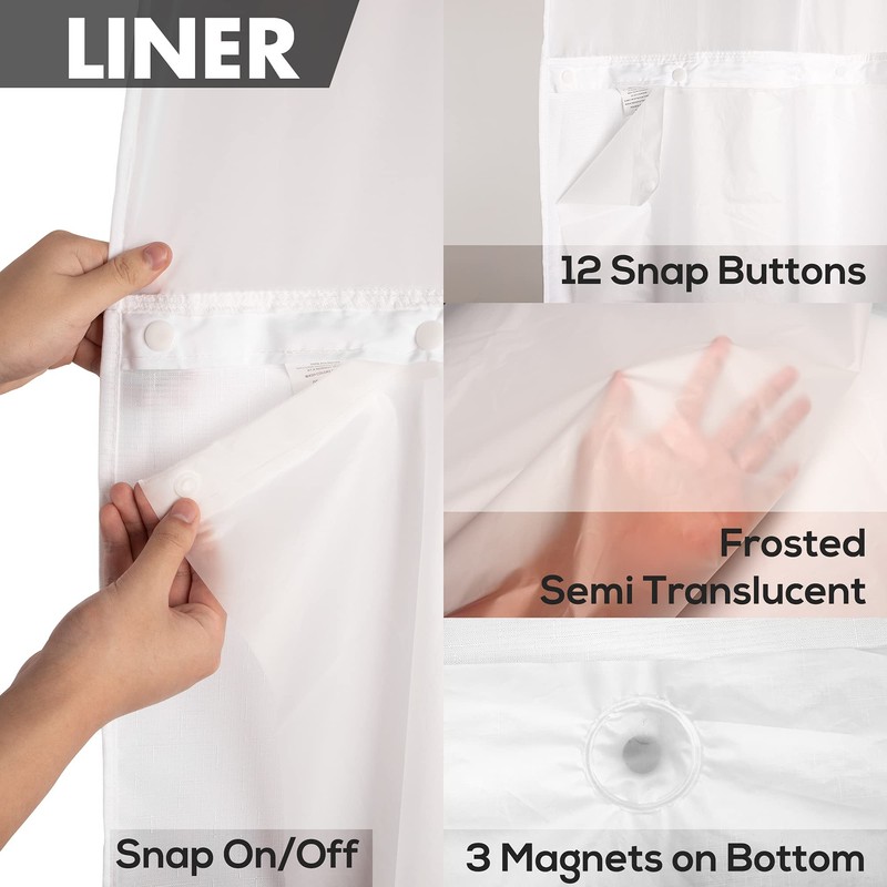 Extra Long No Hook Slub Textured Shower Curtain with Snap-in