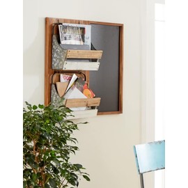 Rustic Western Farmhouse Large 23" High Wooden Chalkboard Panel with 2 Galvanized Metal Letter Mail Magazine Sorter Pocket Organizer Hinged Wall Mounted Rack Kitchen Mudroom Entrance