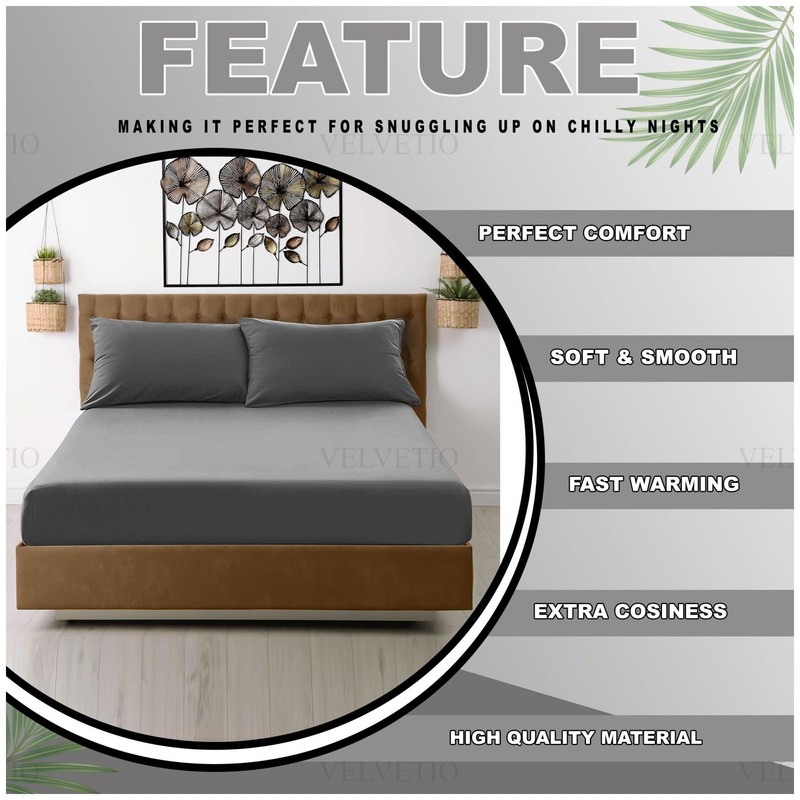 VELVETIO Easy Care Plain Charcoal Fitted Sheet, Soft Breathable 100%