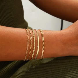 Relveo Gold Bracelets for Women, Trendy 14K Gold Plated Bracelets Stack Jewelry Sets Stackable Figaro Cuban Snake Chain Paperclip Link Chain Adjustable Bracelet Pack Jewelry Gifts