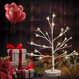 Bvanarn Valentine Lighted Birch Tree, Battery/USB Operated Tabletop Money Tree with 24 to 80 Lights for Valentine Decorations, Wedding Centerpieces or Easter Decor (24LEDS, Grain Base)