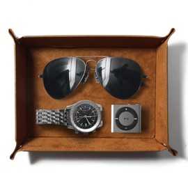 YENZEEN Leather Valet Tray for Men Pu Catchall Tray for Men and Women Nightstand Jewelry Tray Dresser Desk Storage Organizer Bedside Cat All Tray Wallet Keys Phone Watch Coin Leather Tray Brown