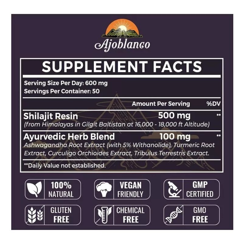 Ajoblanco Shilajit 100% Himalayan Organic Resin, 600 mg per serving,