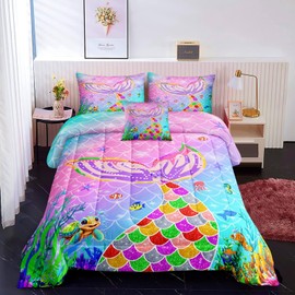 ROWADALO 6 Pieces Mermaid Scale Glitter Comforter Set Fish Scale Shell Starfish Girls Bedding Set,Gradient Rainbow Mermaid Tail Bed in A Bag Full Size Complete Set for Girls Bedroom,MRY504-Full