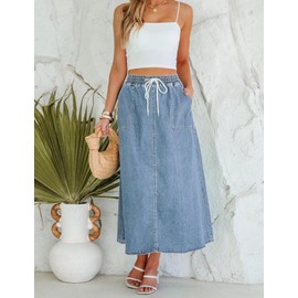 luvamia Denim Skirts for Women Trendy A Line Long Maxi Pull On Elastic Waist Drawstring Stretchy Jean Skirt with Pockets Western Skirts for Women Cool Blue Size Medium Fits Size 8-10