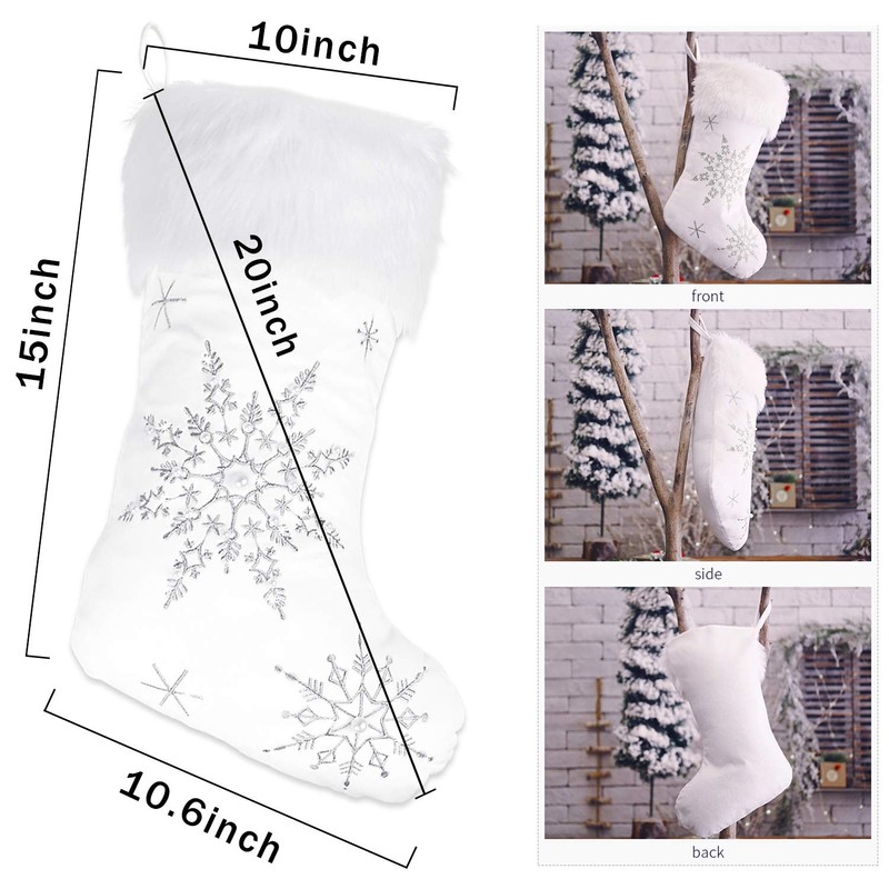 Mauts 20" White Christmas decorations stocking, With Silver Pearl Snowflakes,