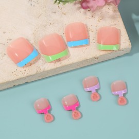 24Pcs Colorful Press on Toenails Summer Toe Nail Press Ons Cute Neon Fake Toenails with Designs Short Gel Acrylic Toenail Blue Green French False Stick on Toe Nails for Women Girls Toe nail Supplies