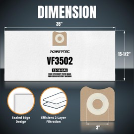 POWERTEC 23743 VF3502 Size A Shop Vacuum Bags for Ridgid 4 Pack, 12-16 Gal. Vacuum Bags for Ridgid HD1200, HD1400 Wet Dry Vac (75002P2)