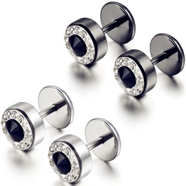 Flongo 4PCS Men's Women's 8mm Stainless Steel Stunning Fake Cheater Plug Charm Stud Earrings (2 Pairs)