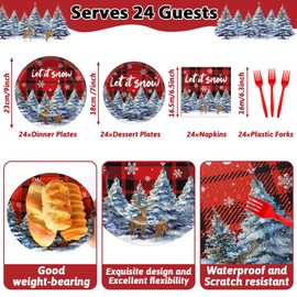 Christmas Let It Snow Party Supplies Disposable Paper Plates Napkins Forks Tablecloth for Winter Christmas Party Decorations Snowflake Red and Black Buffalo Plaid Disposable Tableware Set Serve 24