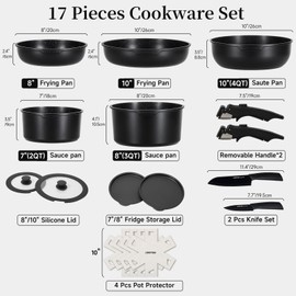 JEETEE Pots and Pans Set Non Stick 17pcs, Kitchen Cookware Sets with Detachable Handle, Induction Nonstick Cookware Set with Removable Handle, Stackable RV Cookware, Oven Safe, PFAS/PFOA Free, Black