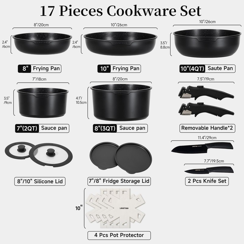 JEETEE Pots and Pans Set Non Stick 17pcs, Kitchen Cookware