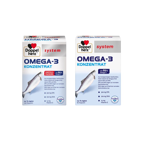 Doppelherz System Omega-3 Concentrate - With 300 mg EPA and 200 mg DHA per capsule as a contribution to normal brain and heart function - 1 x 120 + 1 x 60 capsules