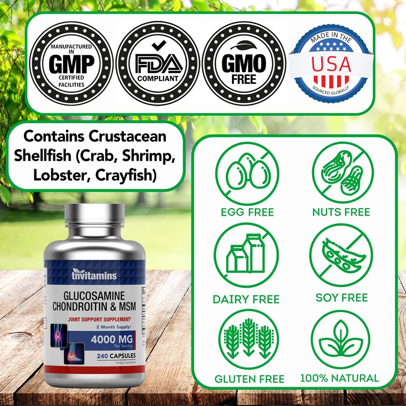 tnvitamins Glucosamine Chondroitin MSM Capsules, 240 Count | 4,000 mg
