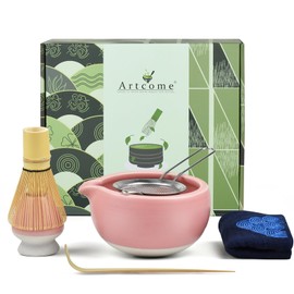 Artcome 7 Pcs Complete Matcha Tea Ceremony Kit for Tea Ceremony, Bowl with Pouring Spout, Whisk, Tea Scoop, Matcha Powder Strainer, Matcha Tea Set For Making Usucha, Koicha and Matcha Latte (Pink)