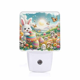 Jahiona LED Night Light Lamp with Smart Sensor Dusk to Dawn Sensor,Easter Bunny Hugs Pattern Easter Egg in Meadow Raccoons Butterflly Fly Rainbow Night Light Daylight White,0.5W Plug-into Wall