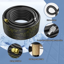 POHIR Power Washer Hose 100FT with 3/8'' Quick Connect, High Tensile Wire Braided Car Wash Water Hose with 2 Quick Connect Kits Compatible M22 14 mm, 1/4 Inch Hose for Pressure Washer, 4200 PSI