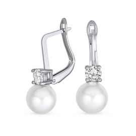 Classic Elegant Bridal CZ Accent White Glass Pearl Ball Drop Earrings Hinge Closure For Women Wedding Special Occasions Silver Plated